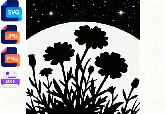 Floral Silhouette SVG Moon Stars Night Review